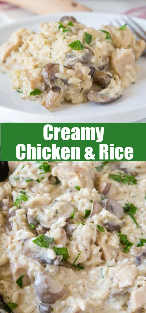 close up creamy chicken and rice for pinterest