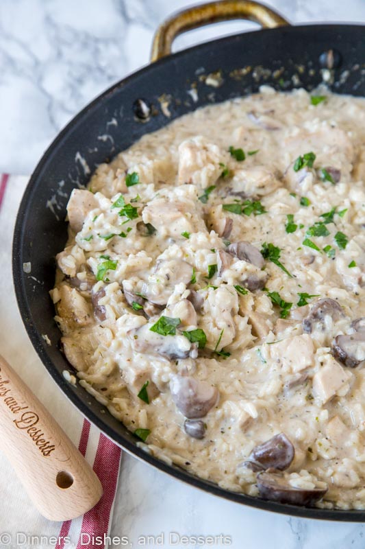 a skillet of chicken and rice