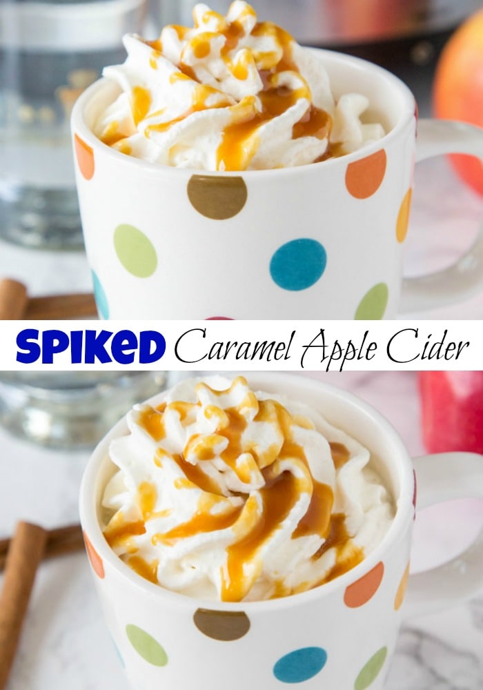 close up of hot cider spiked with vodka topped with whipped cream
