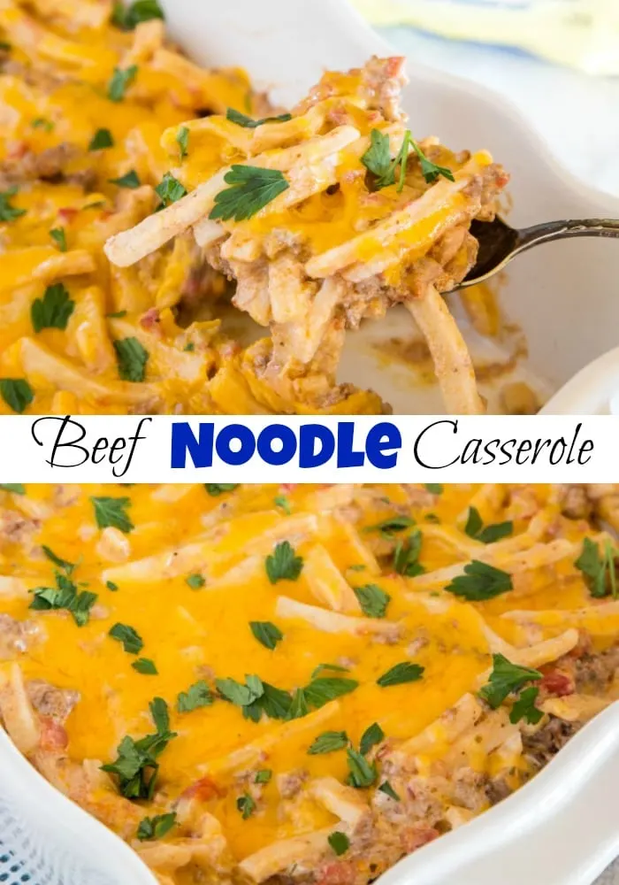 Beef Noodle Casserole - ground beef casserole with Reames frozen egg noodles, tomatoes and cheese.  Pure comfort food that is super easy to make! @ReamesEggNoodles #ad #PutSomeHeartyInIt