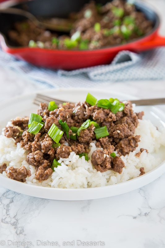 A plate of food with rice, with Mongolian beef