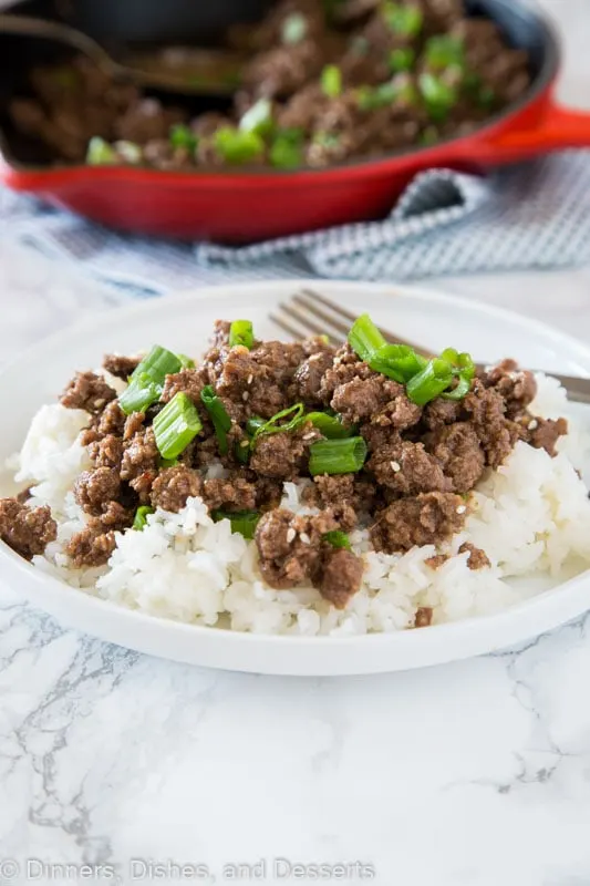 A plate of food with rice and mongolian ground beef
