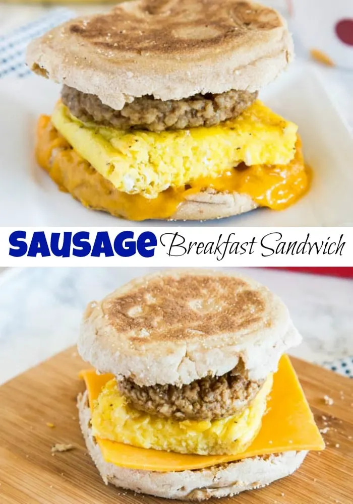 A sandwich sitting on a plate, with Sausage and Breakfast sandwich