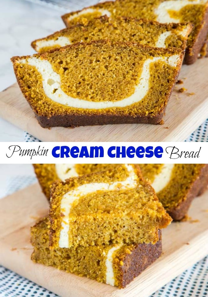 A slice of pumpkin bread with cream cheese swirl