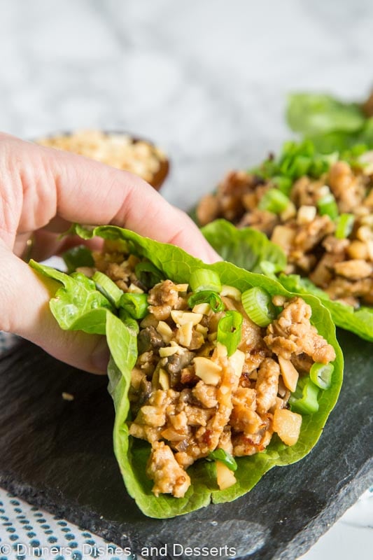 A plate of food with chicken lettuce wraps