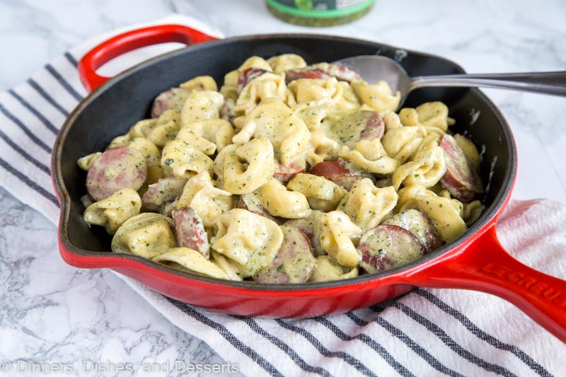 A pan of pasta and pesto