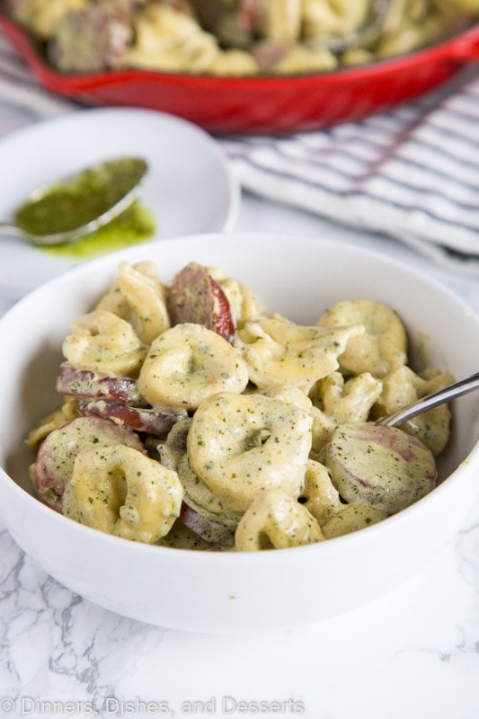 creamy pesto pasta in a bowl