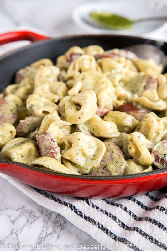 skillet with cream pesto pasta