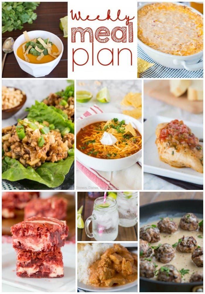 Weekly Meal Plan Week 186- Make the week easy with this delicious meal plan. 6 dinner recipes, 1 side dish, 1 dessert, and 1 fun cocktail make for a tasty week!