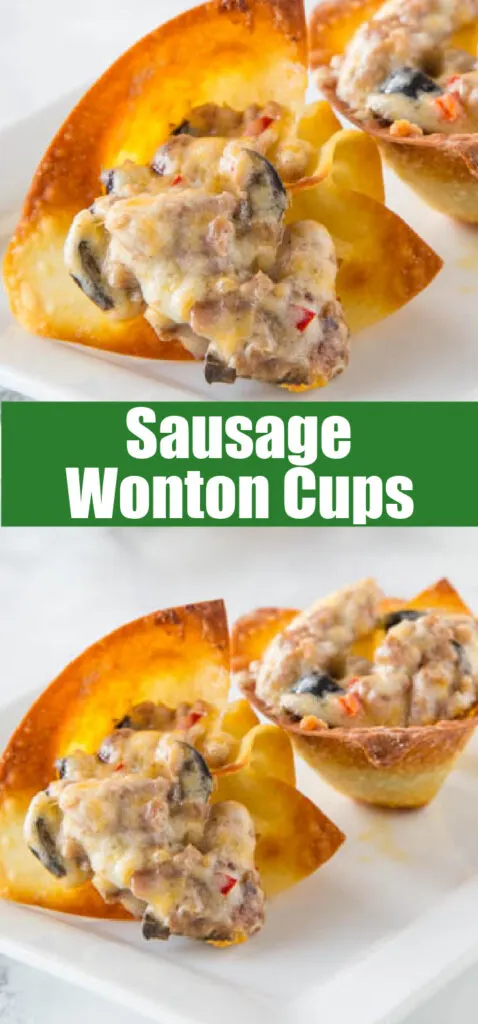 cheesy sausage wonton cups close up on white plate