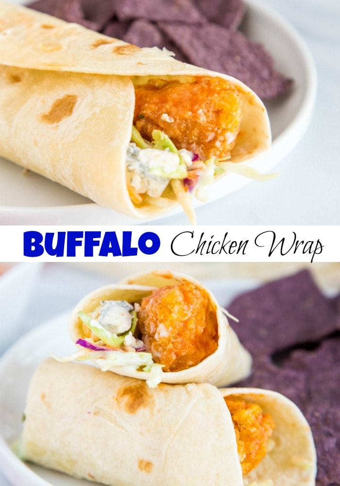A chicken wrap folded on a plate with Wrap and Coleslaw