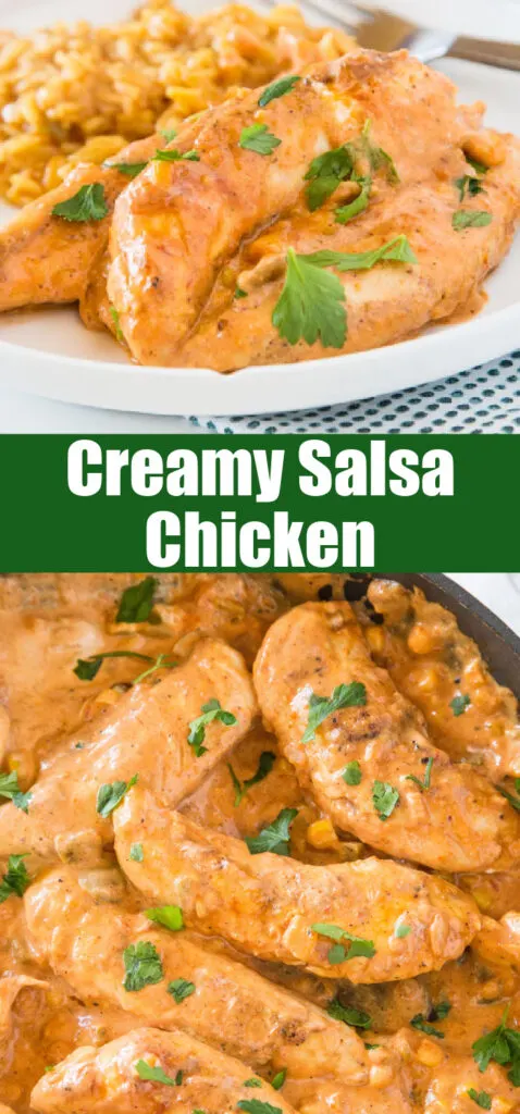 close up creamy salsa chicken for pinterest