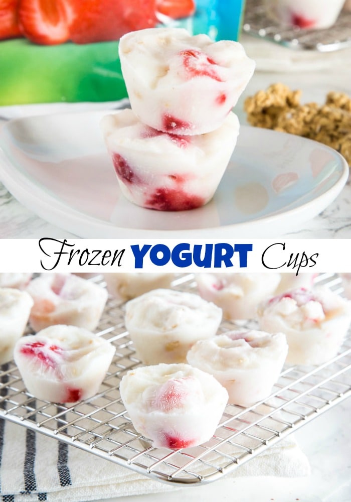 A close up of frozen yogurt cups with strawberries
