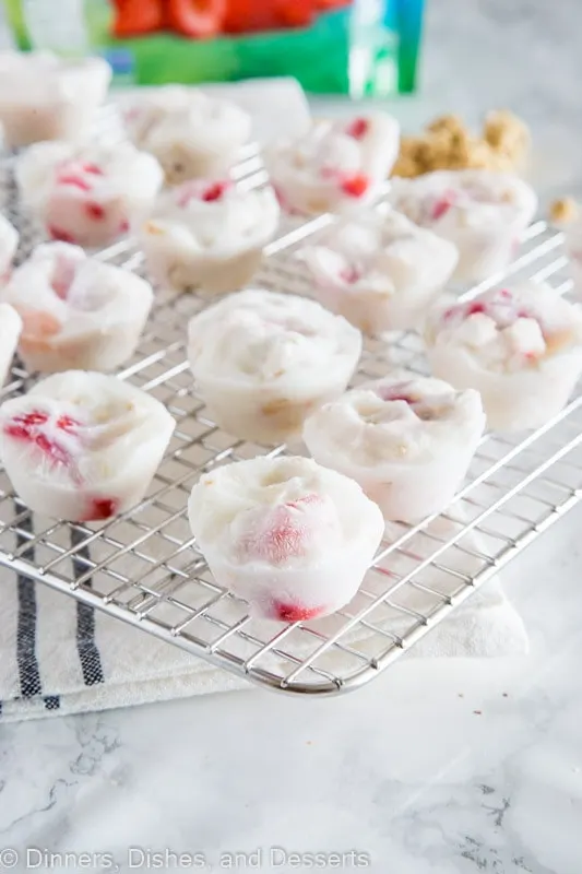 Frozen yogurt cups with strawberries in cooling rack, with Snack and Frozen yogurt