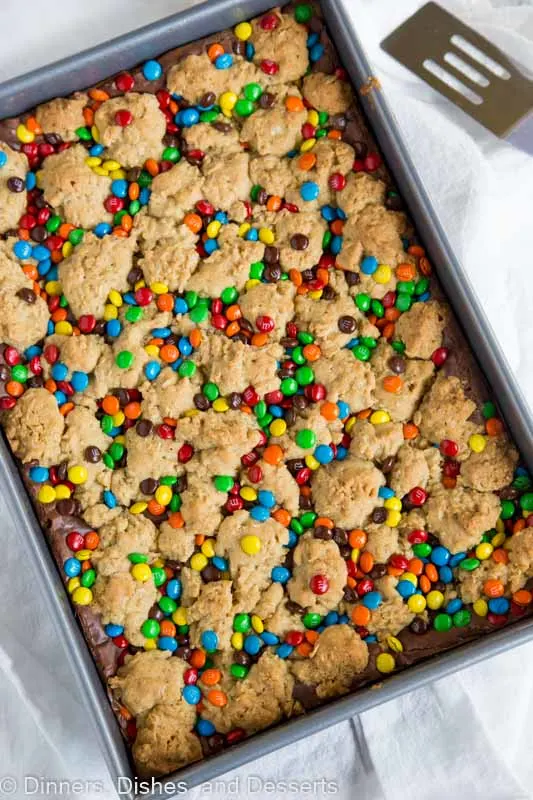 A pan with fudge oat bars with M&M\'s