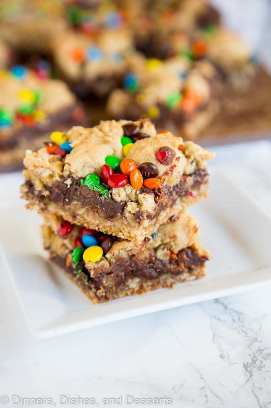 A close up of fudge bars with M&M\'s