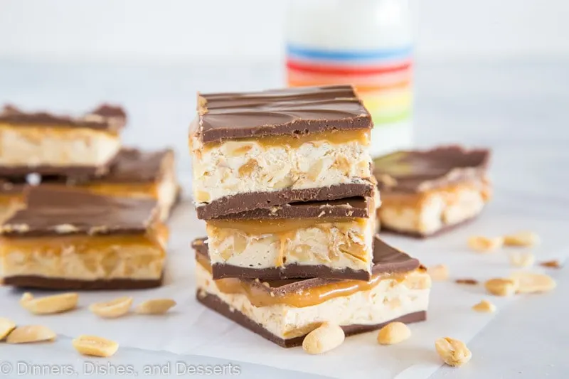 A caramel nougat bars on a plate, with Chocolate and Nougat