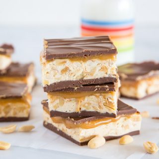 Homemade Snickers Bars - These are a chocolate caramel nougat layered bar that is pretty much like the store bought candy. 
