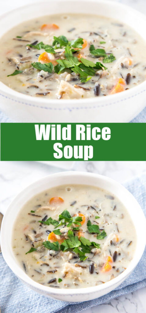 wild rice soup in a white bowl close up