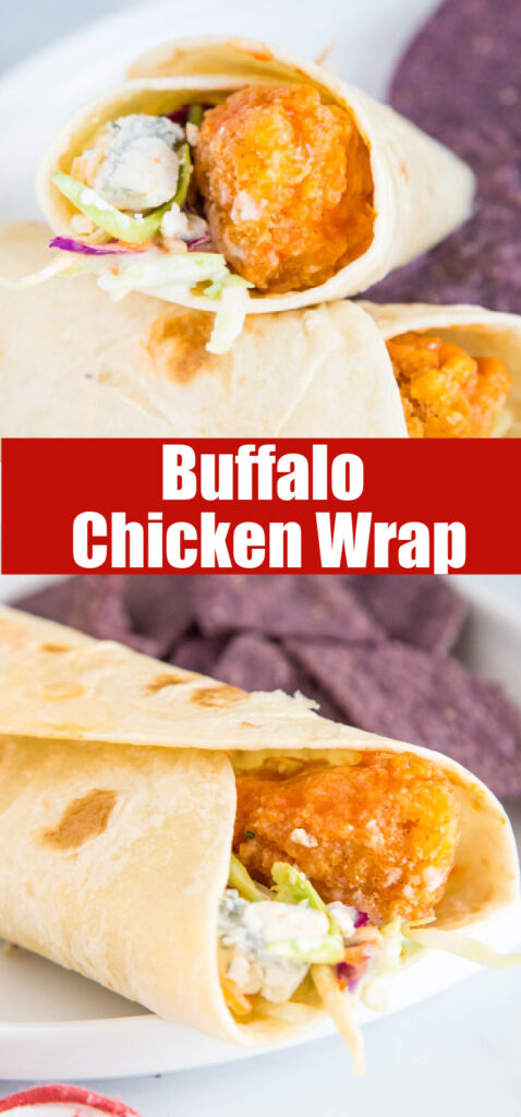 close up buffalo chicken wrapped in a tortilla