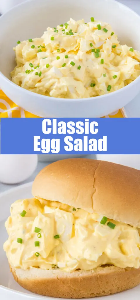 egg salad in a bowl and on a bun for pinterest collage