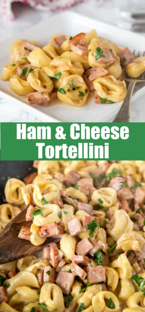 cheese tortellini with ham in skillet