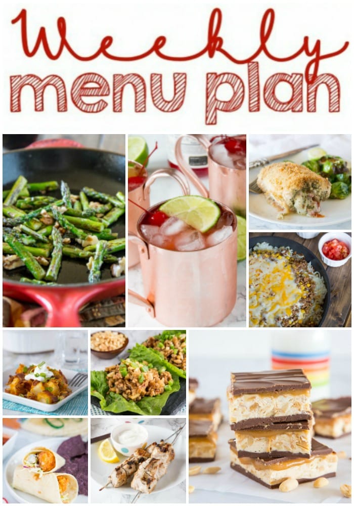 Weekly Meal Plan Week 198- Make the week easy with this delicious meal plan. 6 dinner recipes, 1 side dish, 1 dessert, and 1 fun cocktail make for a tasty week!