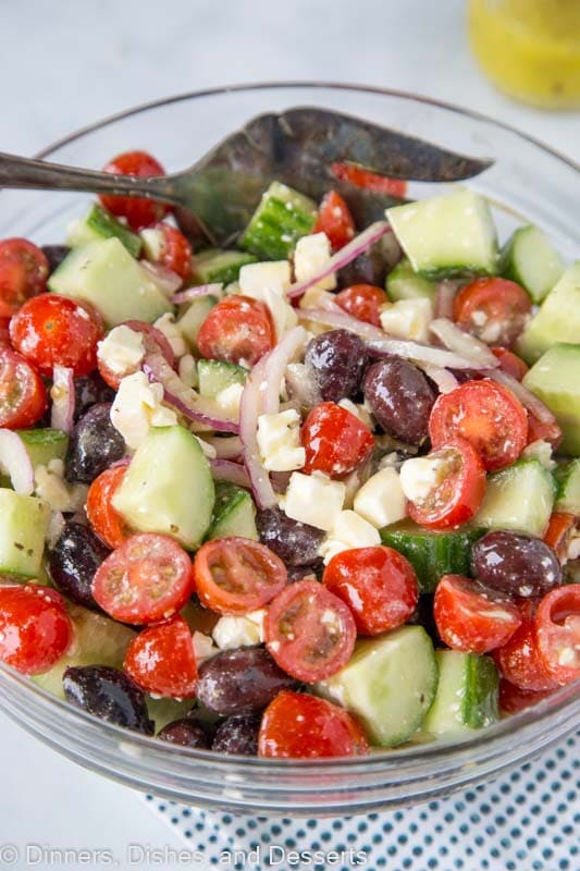 Greek Salad tossed together in serving bowl