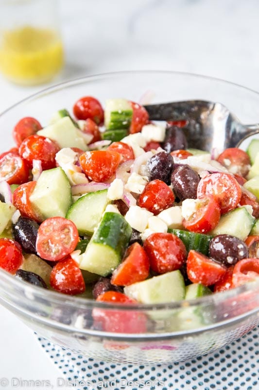 Cucumber, tomato, red onion, olives, and feta with greek dressing