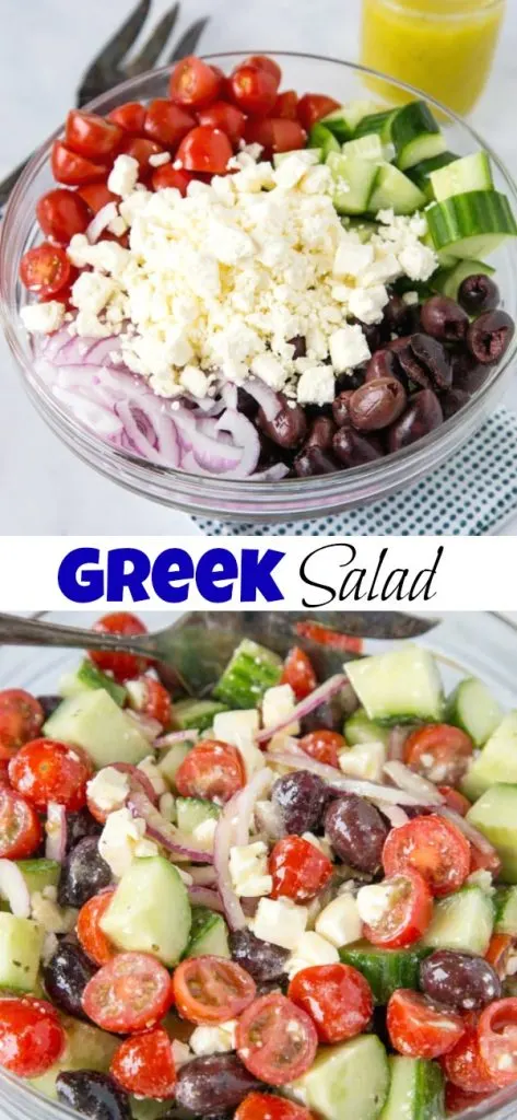 Greek Salad Recipe - a mix of cucumbers, tomatoes, red onions, olives, and feta all tossed in a lemony Greek dressing!Â Â 