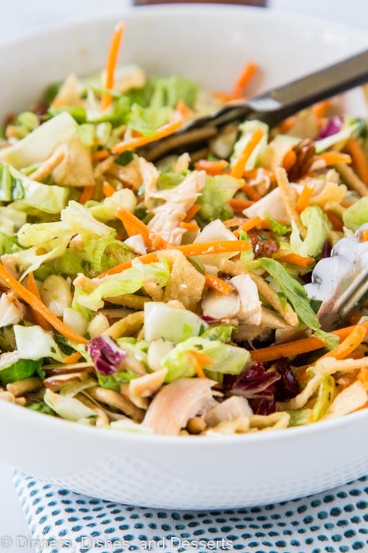 Oriental Chicken Salad with romain lettuce, cabbage, carrots, wonton strips, chicken, almonds and an Asian dressing