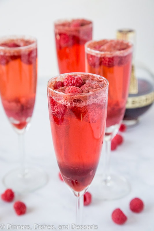 Raspberry Mimosas with chambord, champagne and raspberry sorbet