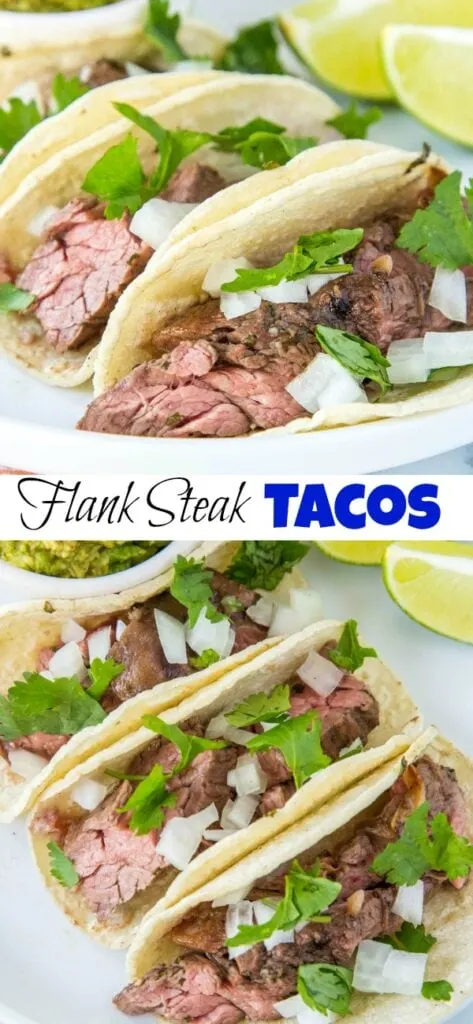 Flank Steak Tacos - Juicy flank steak marinated in lime juice, garlic, cilantro and more. Served in tortillas with your favorite toppings for taco night!Â 