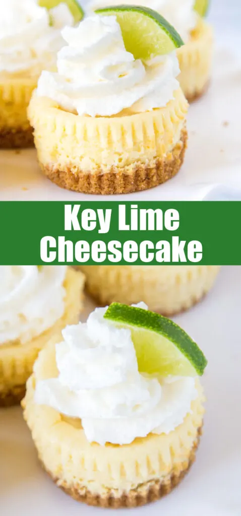 close up key lime cheesecakes on white tray for pinterest