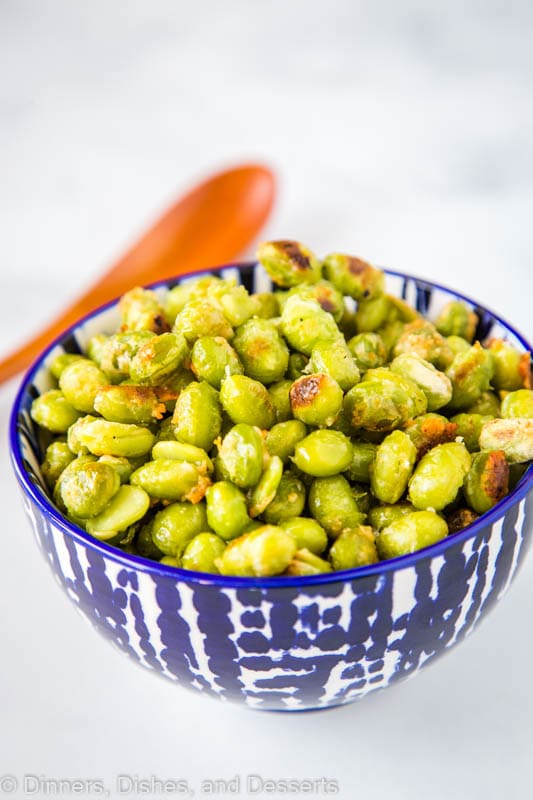 Frozen Edamame is a great side dish when coated with olive oil, garlic salt and Parmesan cheese. Roasted and crispy it goes with just about anything!