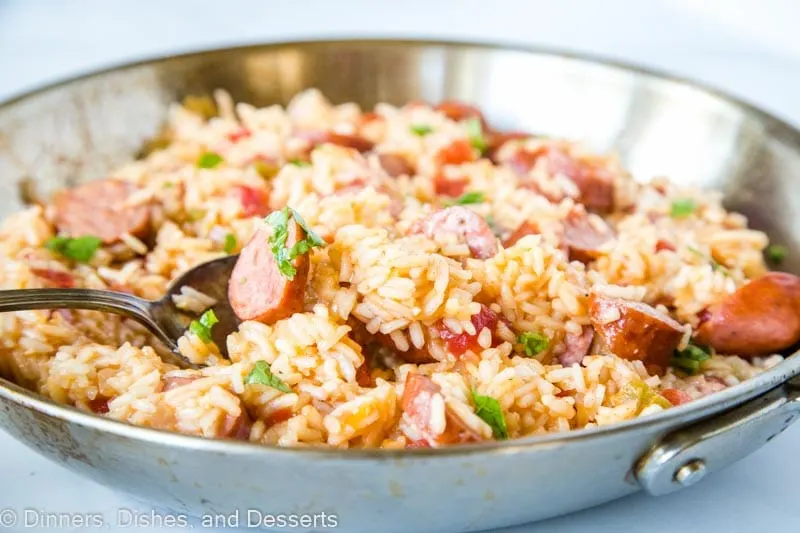 One pan meals make for easy weeknight dinners. This Sausage and Rice Skillet will make the whole family happy