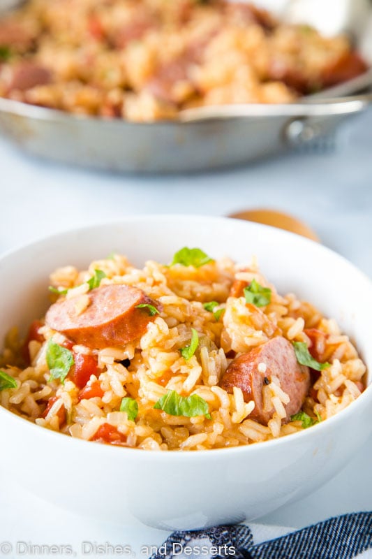 Smoked Sausage and rice come together in a one skillet dinner that is full of flavor and great for weeknight dinners