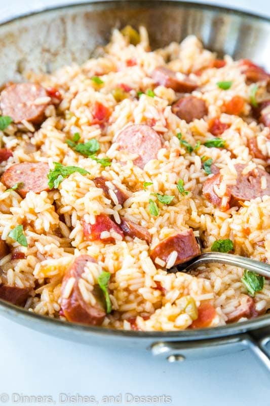 Get dinner on the table in just minutes with this Sausage & Rice Skillet