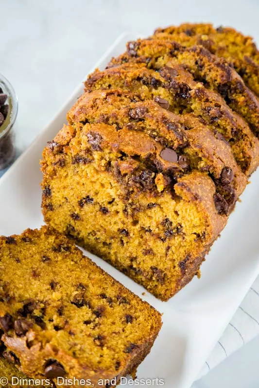 Moist and tender chocolate chip pumpkin bread - use mini chocolate chips, so you get a little chocolate in every bite