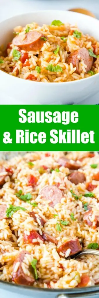 Sausage and Rice Skillet - smoked sausage and rice come together in one pan for a delicious and easy dinner.  Ready in just minutes, so perfect for busy weeknight dinners. 
