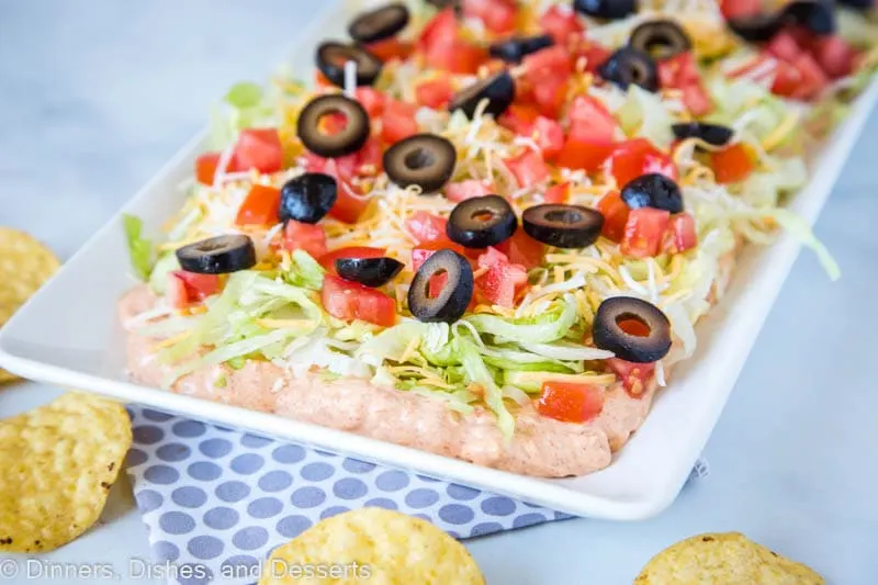 Our favorite taco dip. Super easy to make, delicious creamy layers and perfect game day snack!