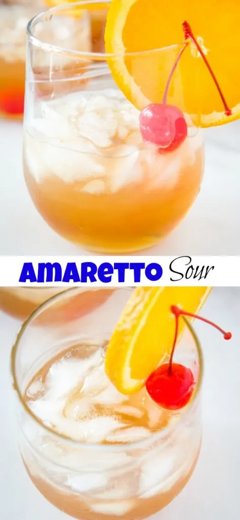 A close up of a glass of orange juice, with Amaretto Sour and Mai Tai