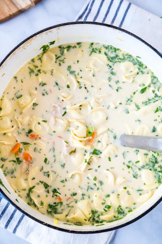 Creamy Chicken Tortellini Soup - A quick and easy soup that is perfect for a cold night.  Warm up with this cozy soup filled with vegetables, chicken and tortellini all in a delicious creamy broth. 