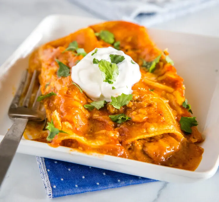 Easy Ground Beef Enchiladas - easy enchiladas filled with seasoned ground beef, onions, and lots of cheese! Absolutely delicious with just a few simple ingredients. Get a restaurant quality dinner on the table for dinner tonight! 