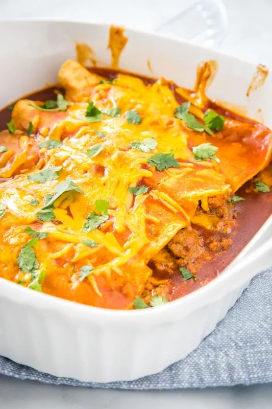 Ground beef and cheese enchiladas are a family favorite and super easy to make.