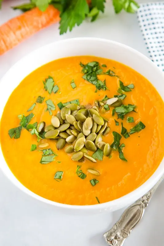 Carrot soup is ready in minutes and so creamy. Healthy, fresh, and bright for a cold night.