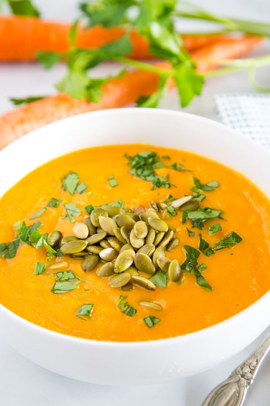 This carrot ginger soup recipe is ready in minutes, super healthy and a great weeknight dinner.