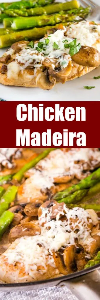 Chicken Madeira Recipe - This copycat is even better than the restaurant version!  Tender chicken, mushrooms, and asparagus in a Madeira wine sauce and topped with melted cheese! Up your chicken dinner recipe game tonight!