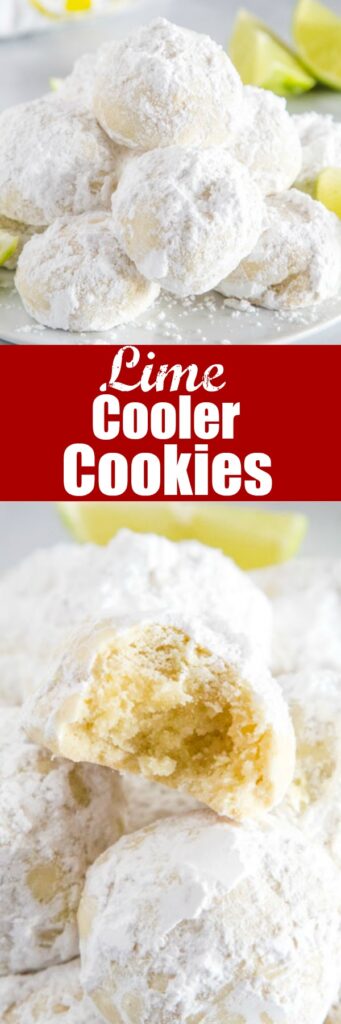 Lime Cooler Cookies - Sweet, buttery, melt in your mouth cookies flavored with lots of lime and coated in powdered sugar. They are light and fluffy and perfect all year round!