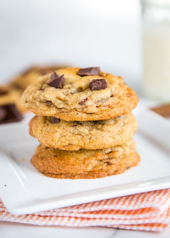 A stack of cookies on a plate, with Cookie and Chocolate